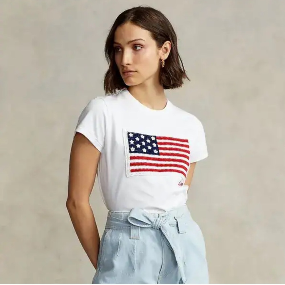 Polo Ralph Lauren Crotchet Flag 100% Cotton Crewneck T-shirt Preppy Americana